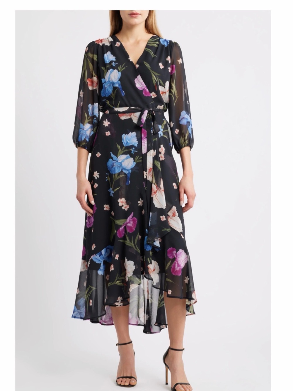 Sam Edelman Black Floral High-Low faux Wrap Dress